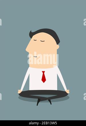 Cartoon meditierenden Geschäftsmann sitzen in Yoga Lotus Position entspannend während Harter Arbeitstag Stock Vektor