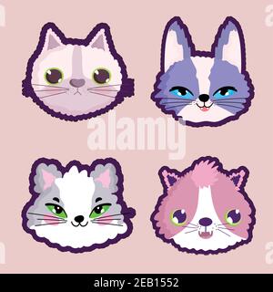 Katzen Gesichter Tiere Cartoon Charakter Haustier Aufkleber Vektor Illustration Stock Vektor