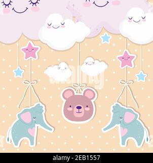 Baby Dusche hängen niedlichen Elefant Bär und Wolken Vektor-Illustration Stock Vektor
