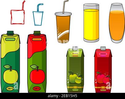 Cartoon Apfelsaft Design-Elemente mit leuchtend grünen und roten Verpackungen, voll von Saftgläsern und Einweg-Pappbecher mit Trinkhalmen Stock Vektor