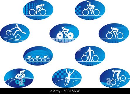 Fahrrad Sport blau glänzend Symbole zeigen abstrakte Radfahrer Silhouetten mit Fahrräder für sportliche Wettkampfgestaltung Stock Vektor