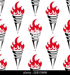 Nahtloser Vintage-Hintergrund der mittelalterlichen Fackeln mit hellrotem Feuer Flammen in wiederholtem Motiv für sportliches oder historisches Design Stock Vektor