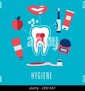 Zahnhygiene medizinisches Konzept in flacher Art mit Querschnitt von gesunden Zahn umgeben Zahnbürsten, toothy Lächeln, Apfel, Zahnpasta, Zahnseide und c Stock Vektor