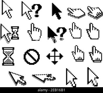 Verpixelte Grafik-Cursor-Symbole von Pfeilen, Mauszeigern, Fragezeichen, Sanduhr, Zugriff für Software-Schnittstelle und Web-Design verweigert Stock Vektor