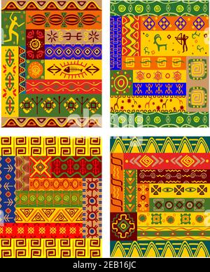 Ethnische geometrische Muster mit traditionellen afrikanischen Ornamenten einschließlich primitive Jäger, Tiere und Pflanzen in warmen Farben für Stoff und Interieur dec Stock Vektor