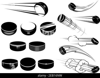 Ice-ockey Pucks in Cartoon-Stil mit Bewegungsspfaden gesetzt Und Wolken isoliert auf Weiß für Sportdesign Stock Vektor