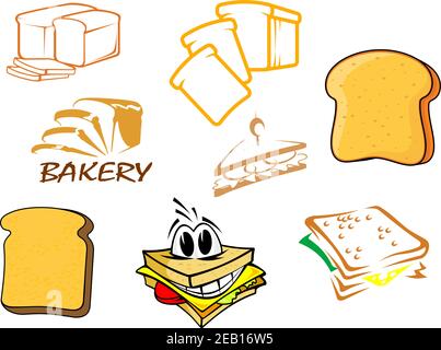 Farbige Vektorgrafiken für Toasts und Brotsymbole, die einen Laib, Toast, Scheiben, Backwaren, Sandwich und ein Cartoon-Sandwich mit einem glücklichen Gesicht zeigen Stock Vektor