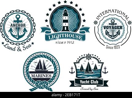 Vintage Marine Etiketten und Embleme zeigt Anker, Leuchtturm, Yachten geschmückt Sterne, Lenkräder, Seile, Ketten und Band Banner Stock Vektor