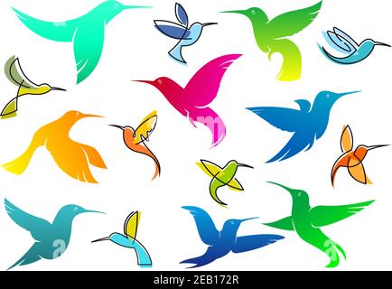 Bunte Silhouetten von fliegenden Kolibri Vögel isoliert auf weiß geeignet Für Logo oder Wildlife Design Stock Vektor