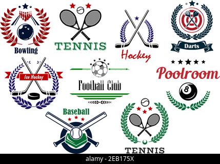 Fußball, Fußball, Eishockey, Darts, Billardzimmer, Bowling, Baseballteam und individuelle Sportembleme im heraldischen Stil Stock Vektor