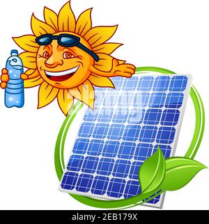 Solarpanel Eco-Symbol im Cartoon-Stil mit blauer Photovoltaik Panel umgeben grünen Stiel mit Blättern und fröhliche Sonne mit Flasche Wasser Stock Vektor