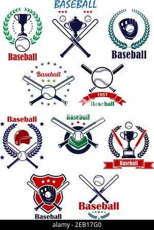 Baseball-Team Embleme oder Abzeichen mit Baseballhandschuhen, Helm, Bälle, gekreuzte Fledermäuse, Heimteller und Trophäenbecher vervollständigt verschiedene heraldische Elemente Stock Vektor