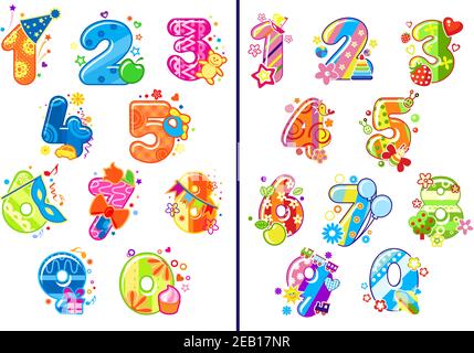 Bunte Cartoon glänzende Zahlen und Ziffern geschmückt Spielzeug, Blumen, Luftballons, Früchte und Party Dekoration Elemente für Geburtstag Jubiläum oder Bildung Stock Vektor