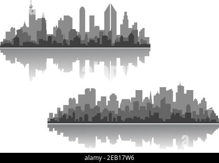 Moderne Stadtbild-Vektor-Designs mit Silhouetten von mehreren Hochhäusern Und Wolkenkratzer mit einem Spiegelbild Stock Vektor