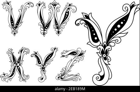 Schwarz-weiß floral bildende Großbuchstaben V, W, X, Y und Z auf weißem Hintergrund Stock Vektor