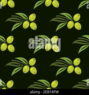 Nahtloses Olivenmuster mit grünen Oliven am Ast mit länglichen Blätter auf dunkelgrünem Hintergrund Stock Vektor