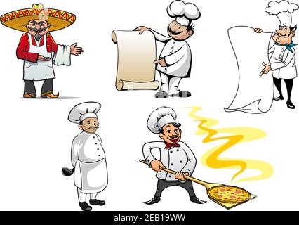 Set von internationalen Köchen farbigen Vektor-Charakter-Symbole mit einem mexikanischen, französischen, deutschen, einem orientalischen Koch und italienische Pizza machen Stock Vektor