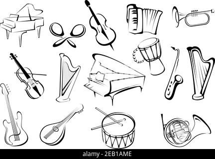 Große Reihe von Musikinstrumenten Ikonen im Sketch-Stil mit einem Klavier, Kastagnetten, Violine, Trompete, Horn, Gitarre, Trommel, Harfe und Saxophon Stock Vektor