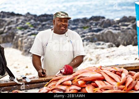 Mann, der Fisch auf dem Fischmarkt verkauft, Kreuzfahrtschiff & Blue Caribbean Sea George Town, Cayman Islands. Red & White Snapper, Street Market, Kreuzfahrtschiff. Stockfoto