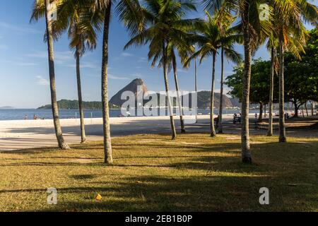 Schöne Aussicht auf den Zuckerhut hinter Kokospalmen vom Flamengo Beach in Rio de Janeiro, Brasilien Stockfoto