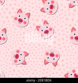 Vektor flache Tiere bunte Illustration für Kinder. Nahtloses Muster mit niedlichen Schwein Gesicht auf rosa Punkte Hintergrund. Entzückende Cartoon-Figur Stock Vektor