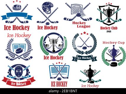 Eishockey-Embleme, Symbole und Logos Set mit gekreuzten Stäben, Pucks, Bannern, Bändern, Kränzen, Pokalbechern, Helm und dekorativen Elementen für den Sport Stock Vektor