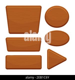 Holz-Taste in Cartoon-Stil mit rissigen Details auf weißem Hintergrund isoliert gesetzt. Spielelemente, benutzeroberfläche, Menü. Sammlung von verschiedenen Formen fo Stock Vektor