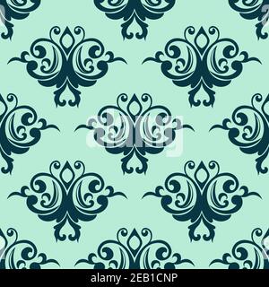 Damast Stil nahtlose Muster in den Farbtönen blau mit einem Großes, auffälliges Wiederholungsmotiv im quadratischen Format, geeignet für Stoff Und Tapetendesign Stock Vektor