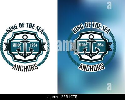 König des Meeres Anker Emblem oder Abzeichen mit einem Schiffe ankern in einer verzierten Kartusche in einem runden Seil Rahmen für Marine Heraldik Design Stock Vektor