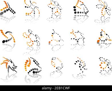 Abstrakte Logos und Symbole mit farbigen Punkten in einem Winkel mit einer 3D Perspektive betrachtet, Design-Elemente auf weiß mit Reflexion Stock Vektor