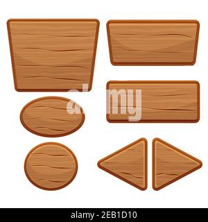 Holz-Taste in Cartoon-Stil mit rissigen Details auf weißem Hintergrund isoliert gesetzt. Spielelemente, benutzeroberfläche, Menü. Sammlung von verschiedenen Formen fo Stock Vektor