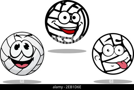 Drei weiße Cartoon Volley Kugeln Charaktere, zwei mit glücklich lächelnd Gesichter ein mit einer hervorstehenden Zunge und Grinsen Stock Vektor