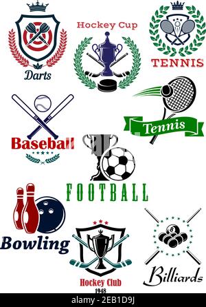 Heraldische Sportembleme oder Abzeichen für Darts, Hockey, Tennis, Baseball, Fußball, Bowling und Billard Sportdesign Stock Vektor