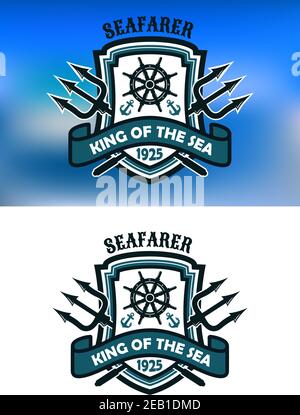 Seefahrer und König des Meeres Banner oder Emblem mit gekreuzten Tridenten hinter einem Schild, Anker und Helm Stock Vektor