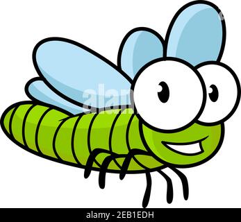 Niedliche kleine Kinder Cartoon fliegende Libelle mit einem grünen Körper und großen Stachelaugen, isoliert auf weiß Stock Vektor