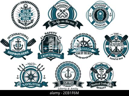 Kreative Seefahrer oder nautische Logos und Banner mit Seil, Anker, Dreizack, Helm, Ketten, Rettungsboje und Ruder Stock Vektor