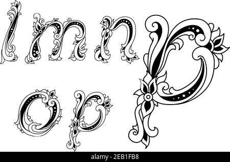 Dekorative Buchstaben L, M, N, O und P mit floralen Elementen Stock Vektor