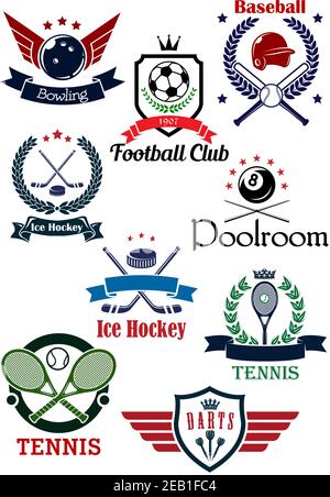 Kreative Sportlogos und Banner mit Betonung auf Bowling, Fußball, Baseball, Eishockey, Pool, Tennis und Darts auf weißem Hintergrund. Stock Vektor