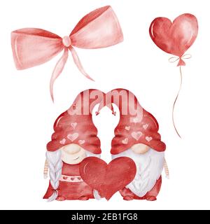 Aquarell Gnome paar, Ballon und Band Illustration. Valentine handbemalte Cliparts Set für Karten, diy, Scrapbooking. Stockfoto