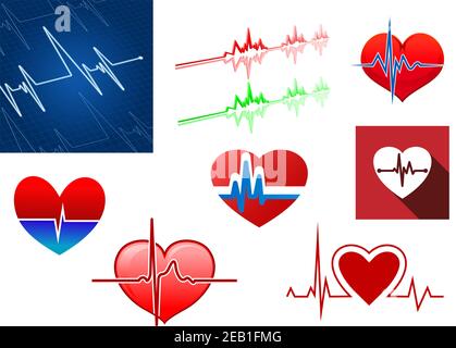 Rote Herzen mit Herzfrequenzsymbolen und Kardiologiemonitor für Medizinisches Konzeptdesign Stock Vektor
