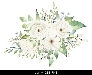 Weiße Blumen und Grün Blätter Bouquet Aquarell Cliparts. Botanische Illustration für Design. Stockfoto