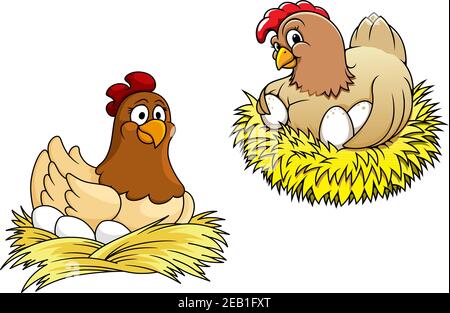 Farbige Hühner brüten ihre Eier auf Nest aus Stroh, für die Landwirtschaft oder ostern Konzept Stock Vektor