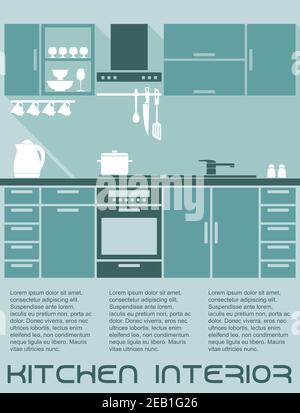 Küche Wohnung Innenarchitektur Vorlage in den Farbtönen blau mit Eine Einbauküche mit Schränken und Elektrogeräten mit editierbaren Textkopierbereich Stock Vektor