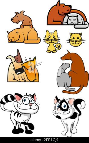 PET besten Freunde Symbole mit bunten Cartoon Katzen, Hunde und Kätzchen spielen und liegen zusammen in verschiedenen Positionen Stock Vektor