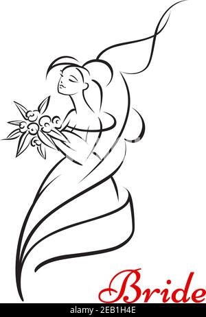 Schöne Braut hält Blumen und lächelt mit Text unten für Hochzeit oder Hochzeit Design Stock Vektor