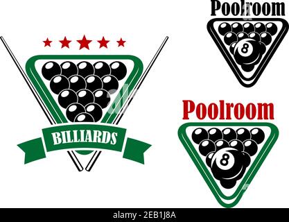 Billard oder Billardzimmer Emblem mit schwarzen Kugeln und Queues isoliert Auf Weiß Stock Vektor