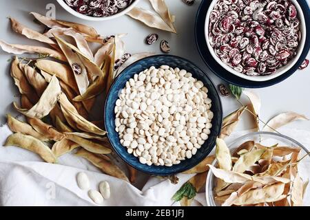 Weiße und rote gesprenkelte rohe lima-Bohnen in Schalen. Stockfoto