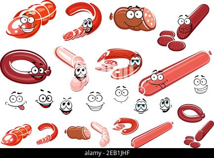 Cartoon Wurst, Wurst und Fleisch Figuren mit lustigen Gesichtern für Food Design Stock Vektor