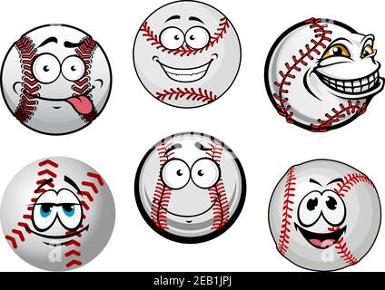 Lustige Baseballbälle Comic-Figuren mit roten Nähten und lächeln Gesichter für das sportliche Maskottchen-Design Stock Vektor