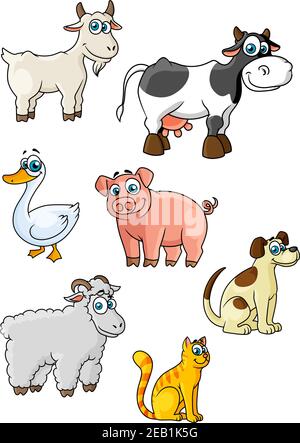 Lustige Cartoon-Bauernhof Tiere und Vogel-Charaktere Darstellung Kuh, Schaf, Schwein, Hund, Katze, Ziege, Gans geeignet für kindliche Dekor oder Bildung Konzept Design Stock Vektor